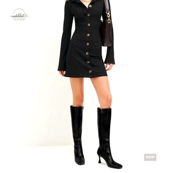 Knee High Leather Boots Stiletto Kitten Heel Square Toe Side Zipper - Picture 2 of 7